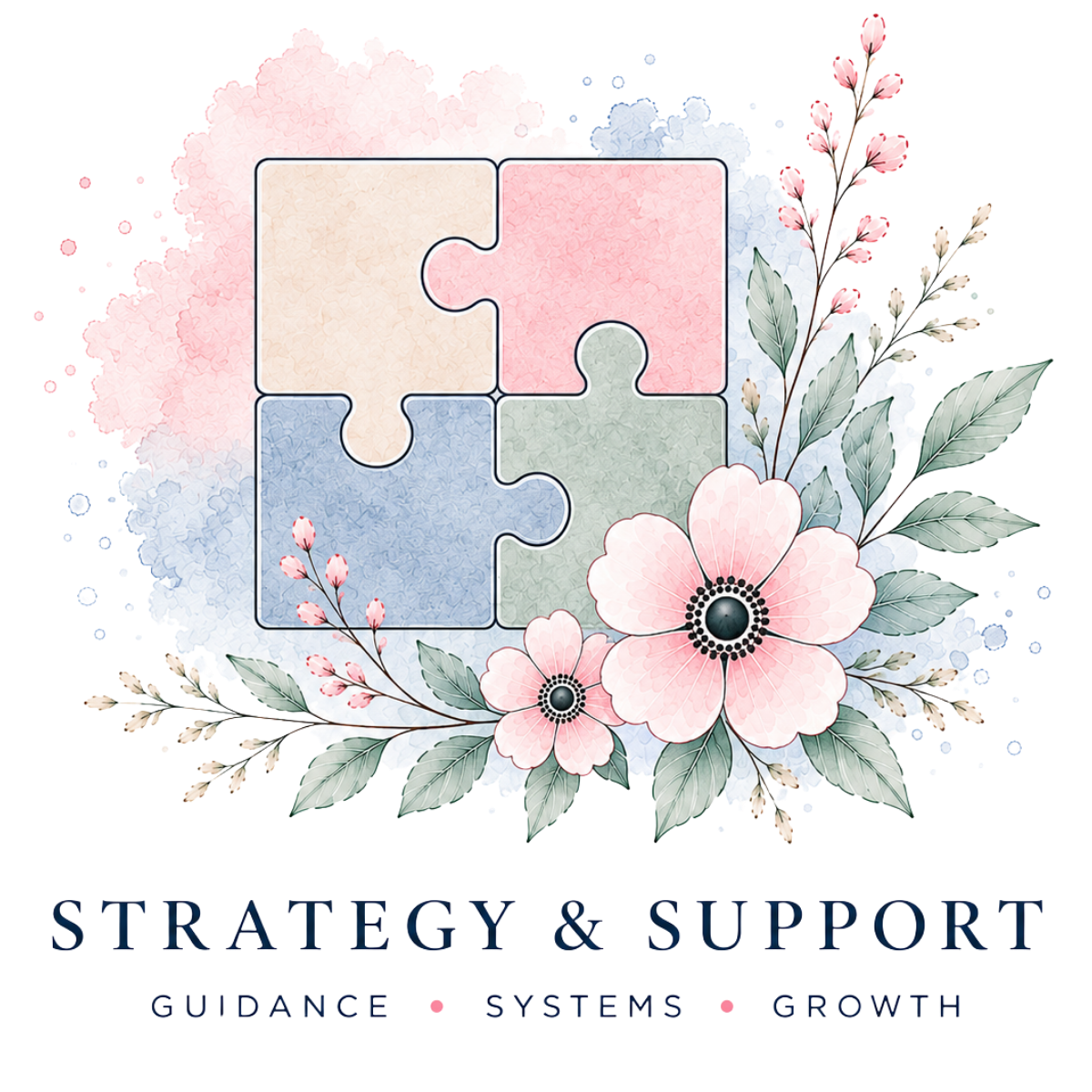strategy and support icon with diamond and pink flowers