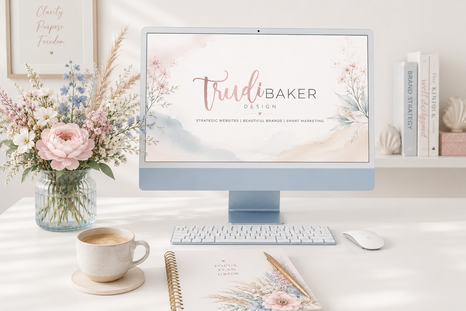 Blue imac with Trudi Baker Design website on screen