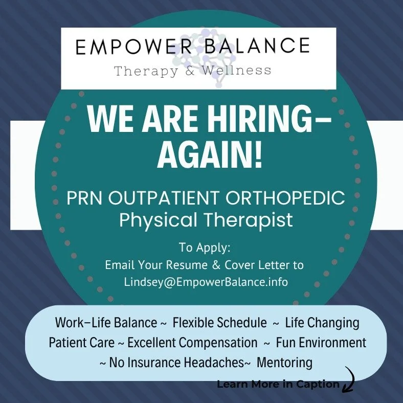 We're hiring- AGAIN! Now recruiting an orthopedic PT brainiac to make our dream team even dreamier. 

THE GIG: Orthopedic Physical Therapist who treats patients like VIPs, not ICD-10 codes
~Part-time, PRN with opportunity to grow 
~ Location: Empower