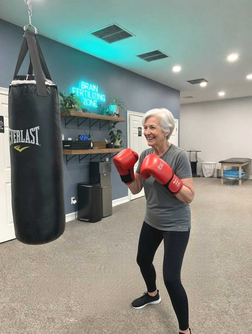 Smiling, silver haired lady boxing with boxing gloves