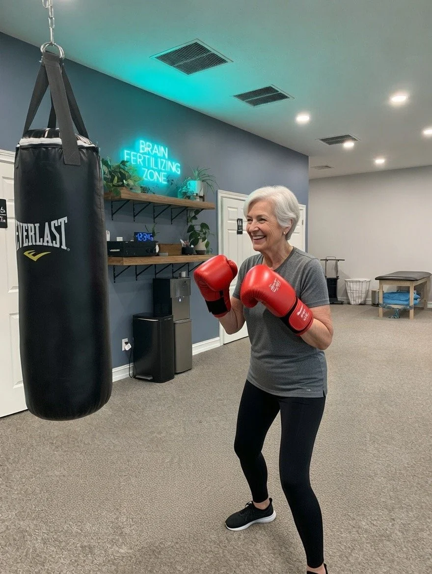 Smiling silver haired lady with boxing gloves in gym.