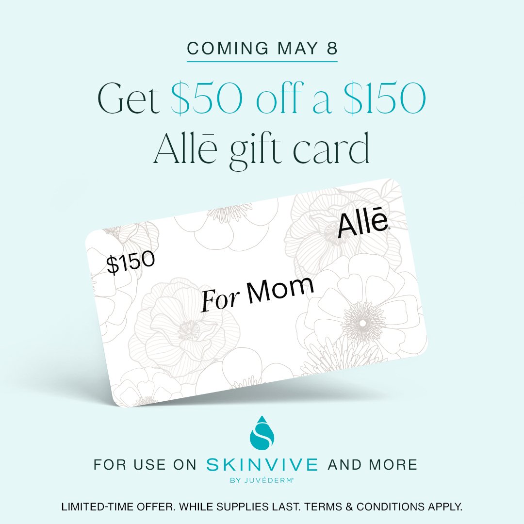 For the mom who has everything, treat her to an Allē gift card. Set your reminder for 05.08.24 at 9 am PST/12 pm EST for the chance to save big on SKINVIVE by JUV&Eacute;DERM&reg; with Allē. Download the Allē app and become a member to make sure you&