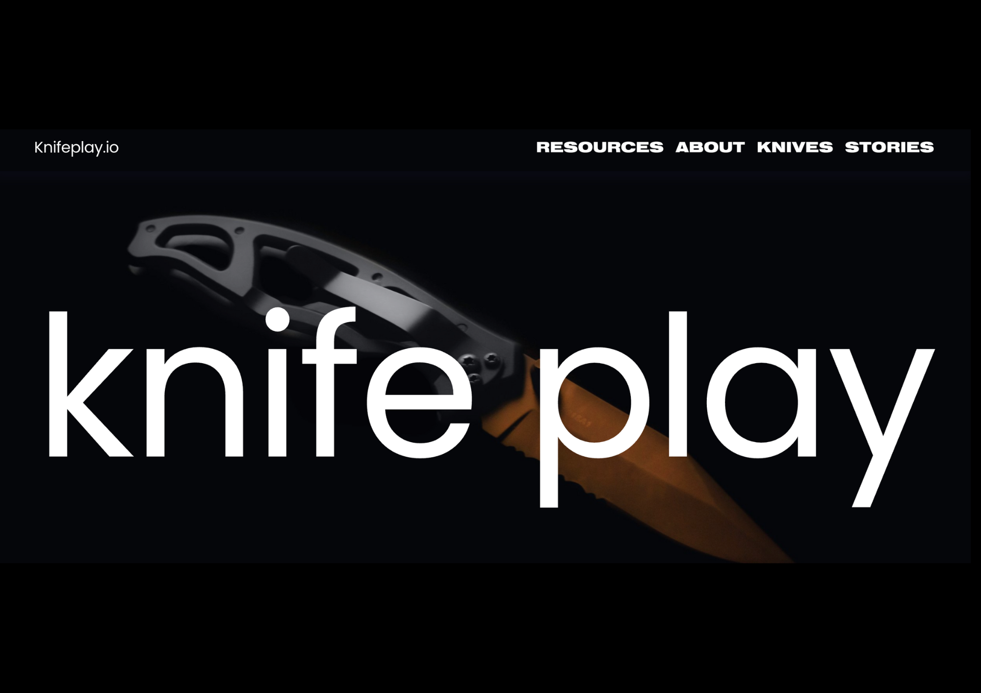 Close-up of a folding knife with a black handle and orange blade, on a black background, with the word 'knife play' overlayed in large white letters.