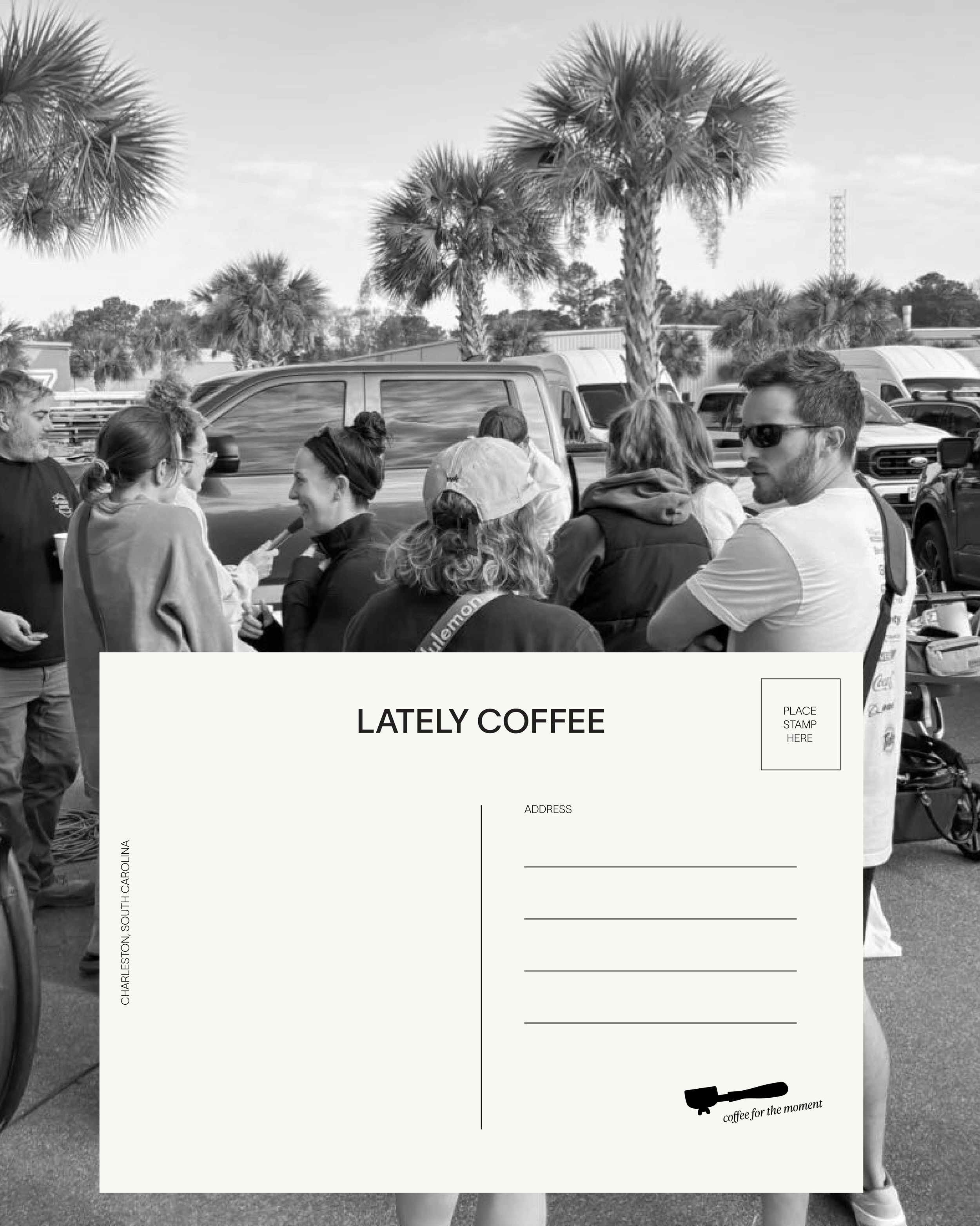 post card layered over image of people standing in line for coffee charleston sc
