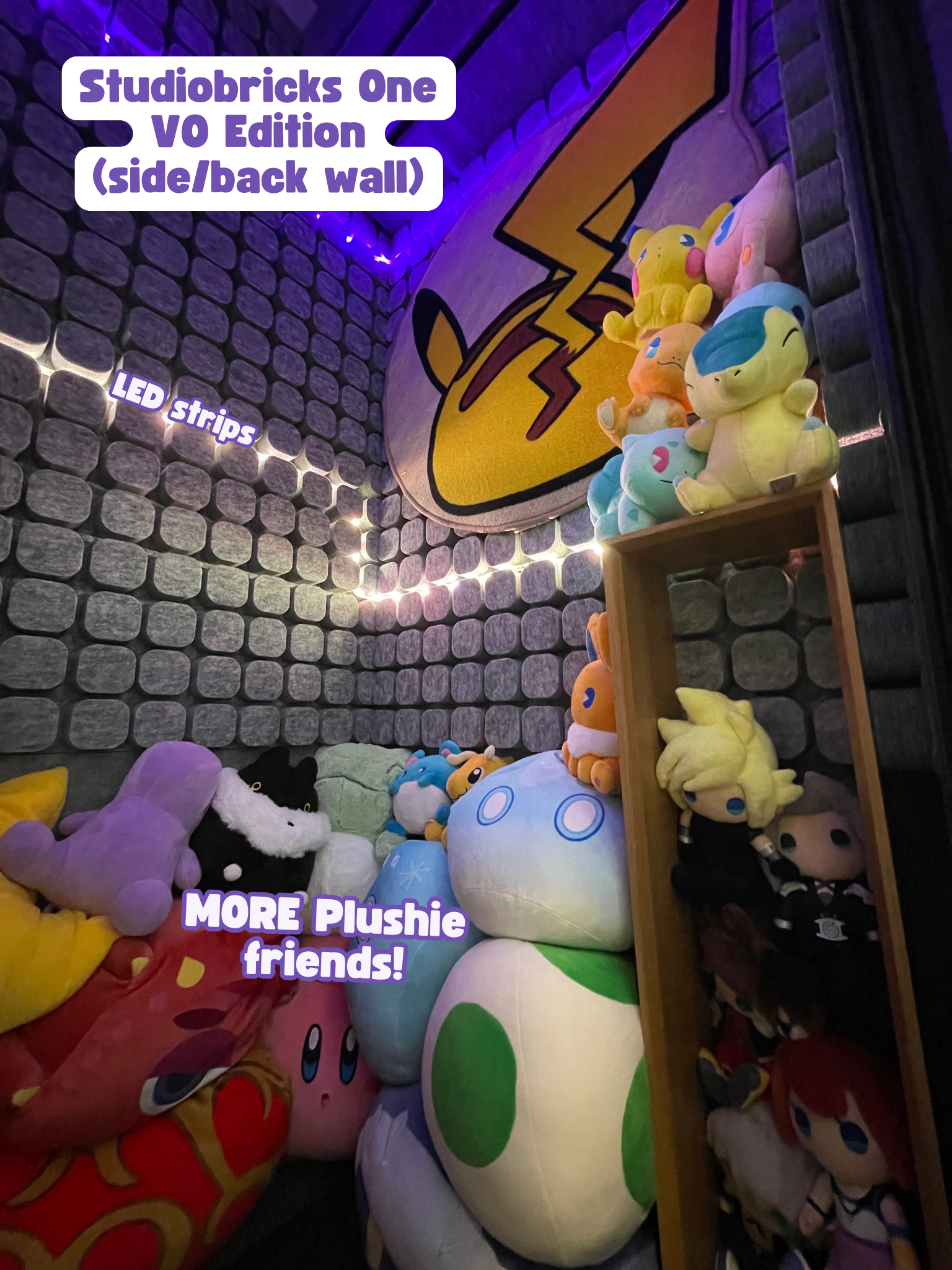 Jonna-Lynn Alonso's voiceover set up, side and back wall view. Text: "Studiobricks One VO Edition (side/back wall)," "LED strips," and "MORE Plushie friends."