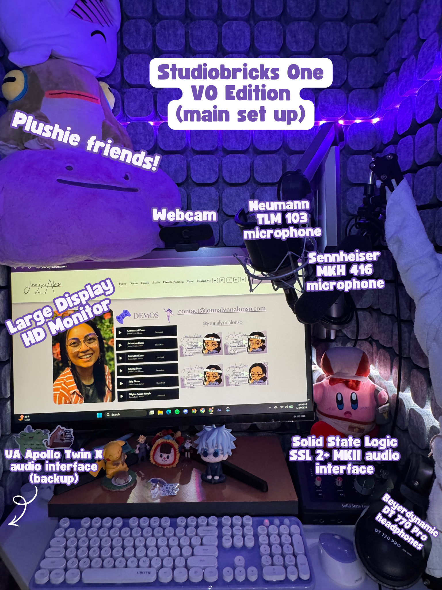 Jonna-Lynn Alonso's main voiceover set up. Text: "Studiobricks One VO Edition (main set up)," "Webcam," "Neumann TLM 103 microphone," " Sennheiser MKH 416 microphone," " Large Display HD Monitor," "Solid State Logic SSL 2+ MKII audio interface."