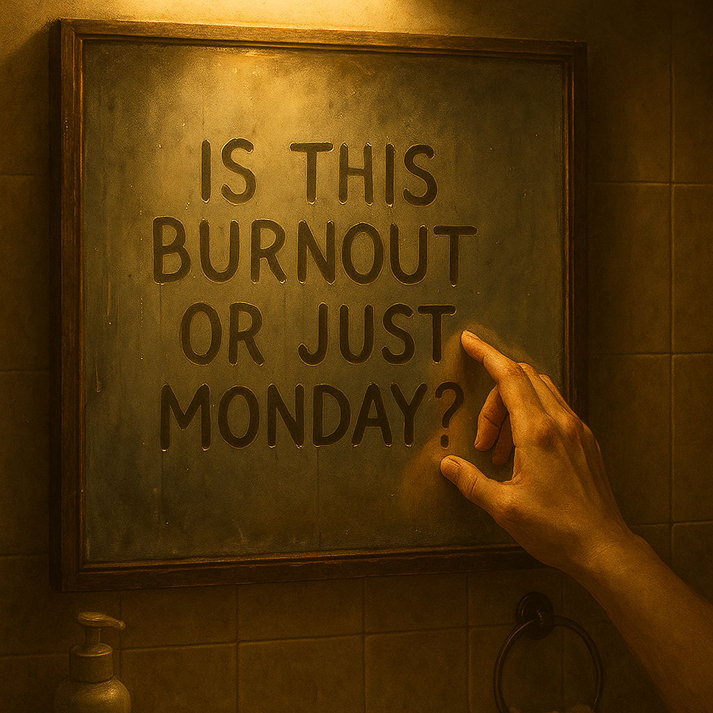 Image shows a mirror with the writing, is this burnout or just monday.