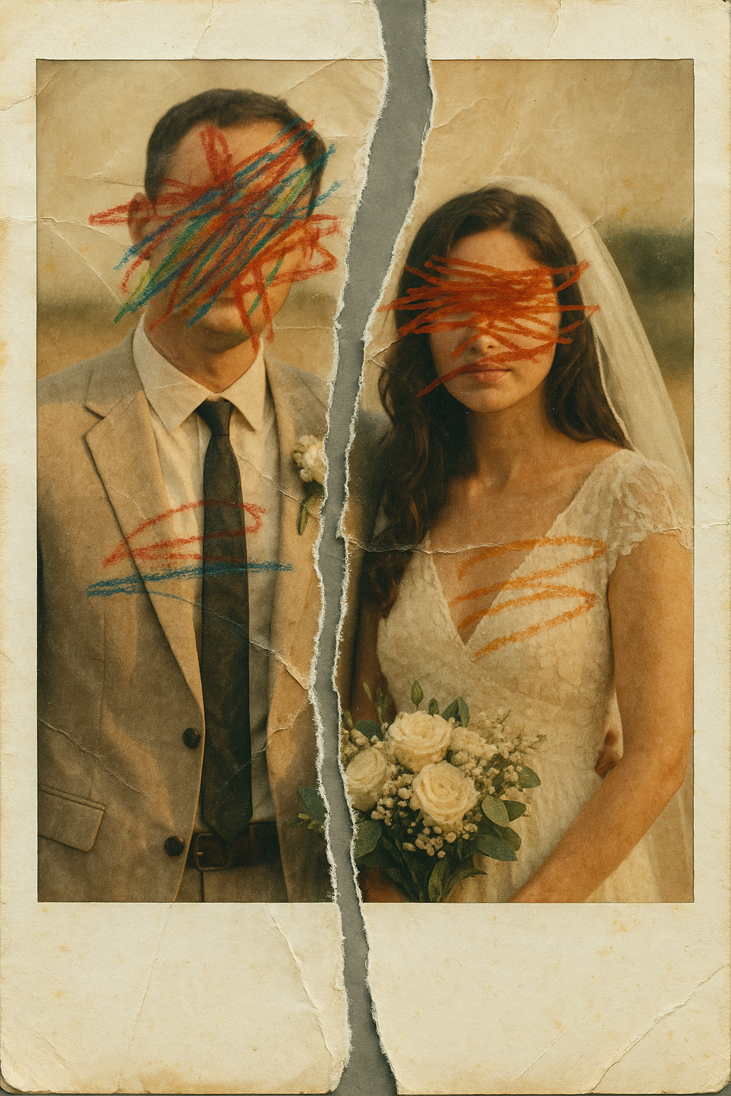 Image shows a torn wedding photo