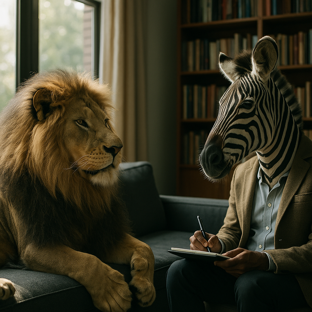 Image shows a lion and a zebra in a therapy setting