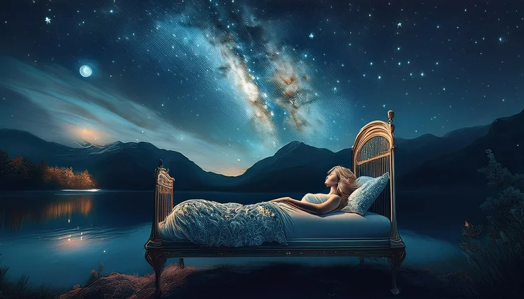 A bed under a night sky full of stars