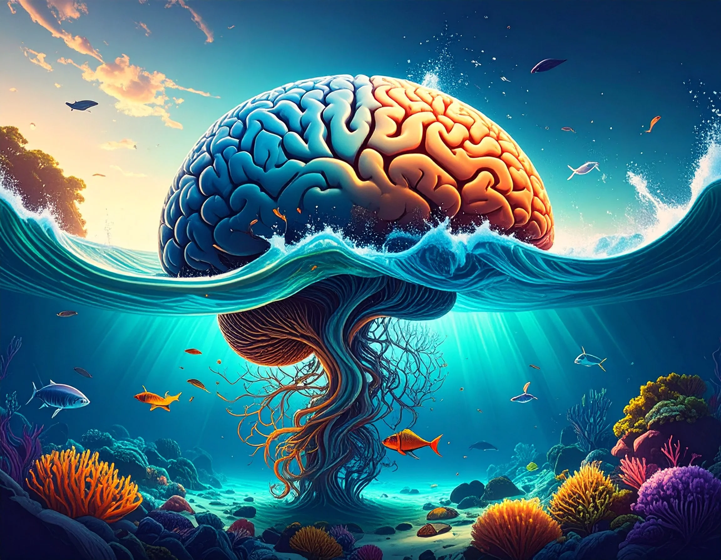 Image shows a stylised tree growing in the shape of a brain under the sea