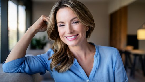 A woman smiling, feeling calm and settled