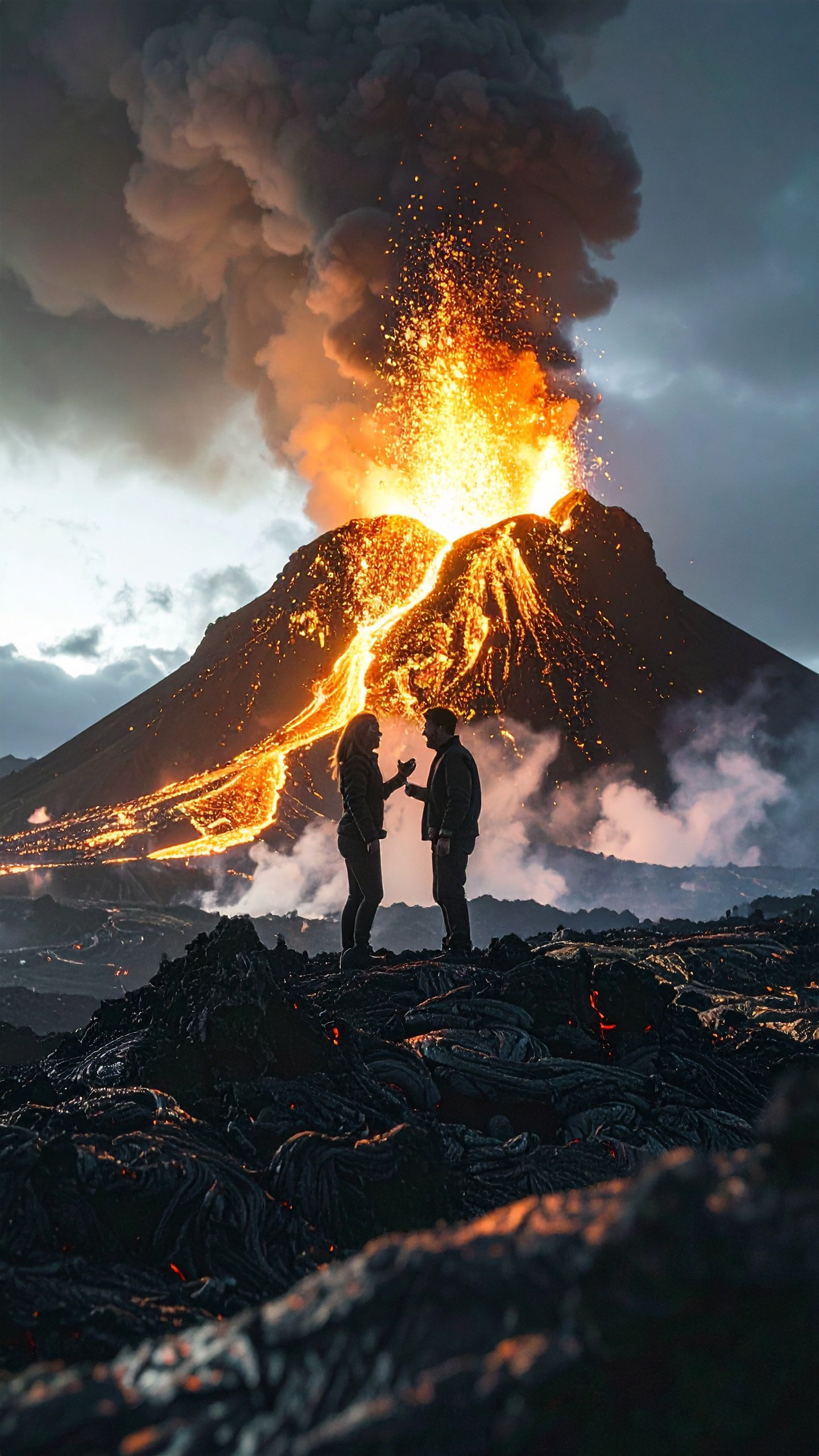 Image shows a couple standing in front of a volcano arguing