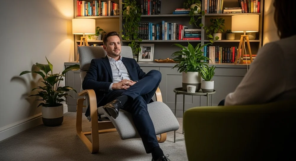 A counsellor and client sitting in armchairs during a counselling session