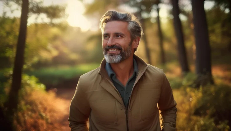 A calm man walking through a forest after CBT for panic