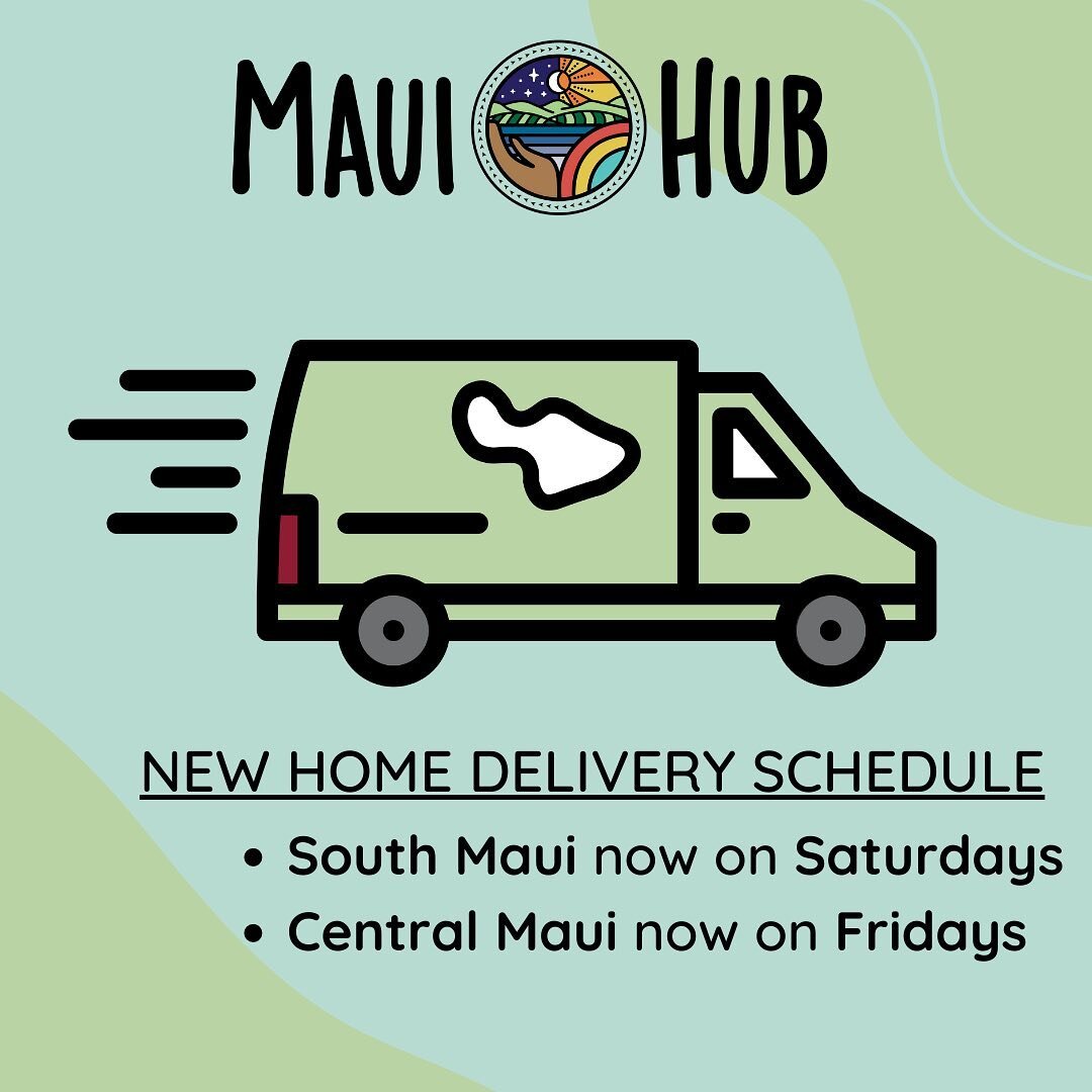 As Maui Hub grows, we occasionally have to adjust our home delivery routes in order to accommodate more orders. (YAY!) 

We have decided to move South Maui home delivery to Saturday instead of Friday. Central Maui home delivery is moving to Friday in