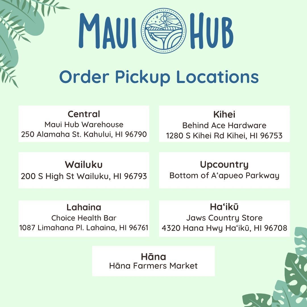 Did you know Maui Hub now has SEVEN order pickup locations?!?

Could ordering 100% local be any more convenient? 

Well, it can with our HOME DELIVERY service! For just $10 Maui Hub delivers groceries directly to you. And its FREE for EBT customers! 