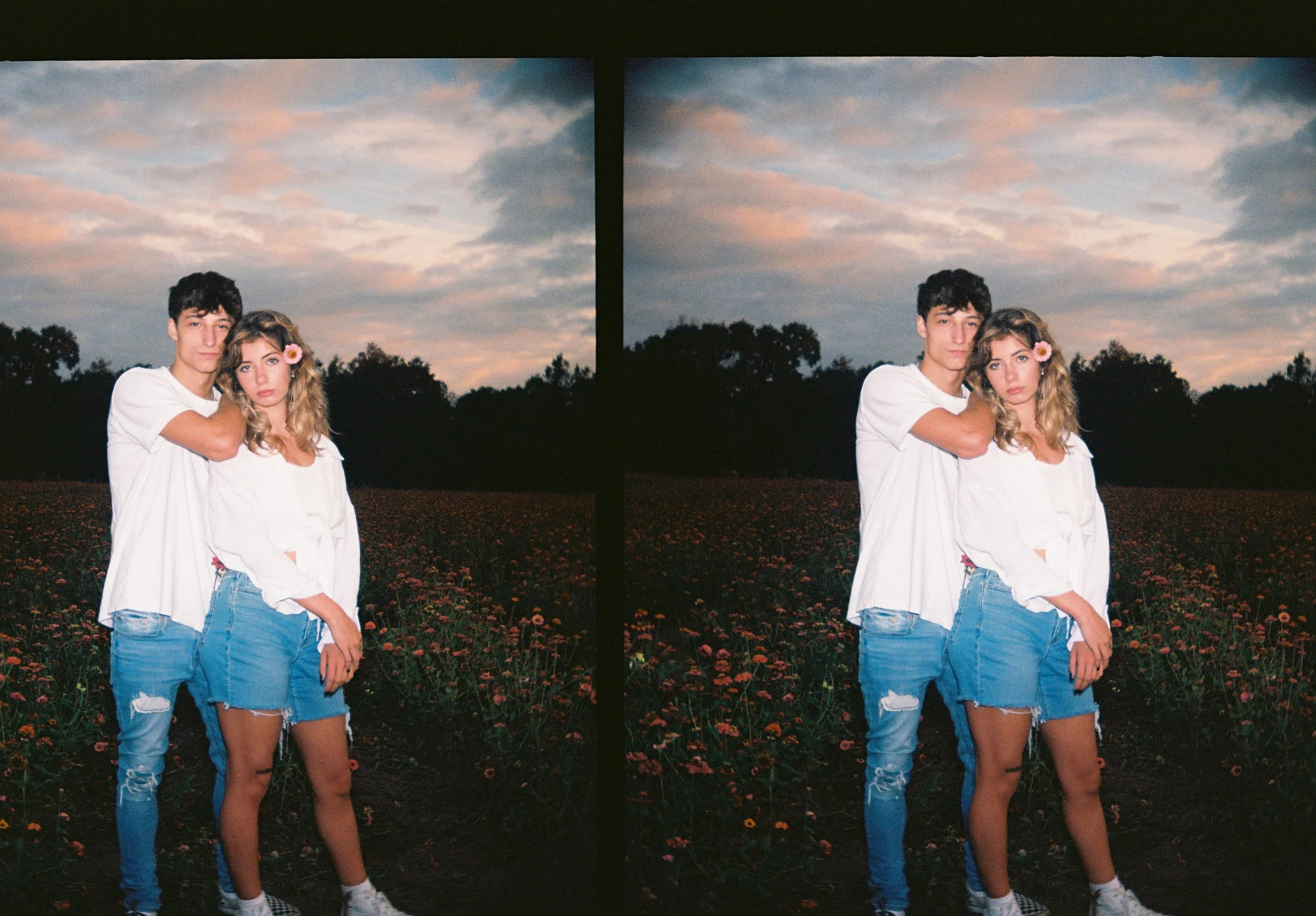 couple standing in flower field Nashville Tennessee