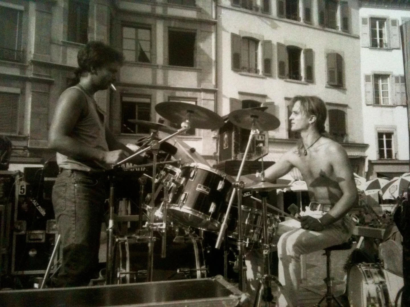 #tbt in the &lsquo;90s, before and after a gig in yverdon with the #lazypokerbluesband &mdash; #throwbackthursday #drummerlife #drums #pearlexportseries #blues #bluesrock #swissmusician