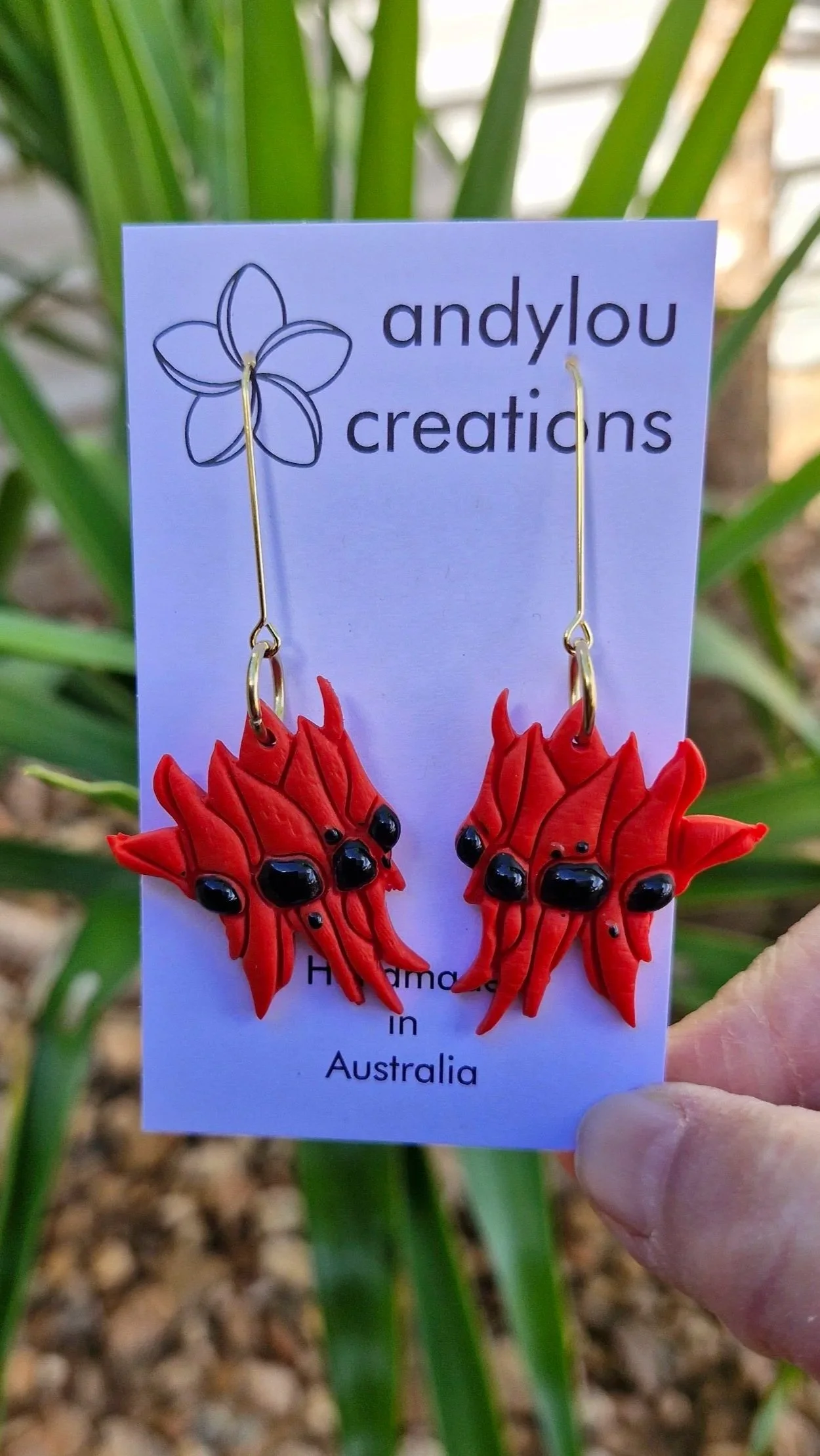 Sturt Desert Pea Earrings Long Gold Hooks