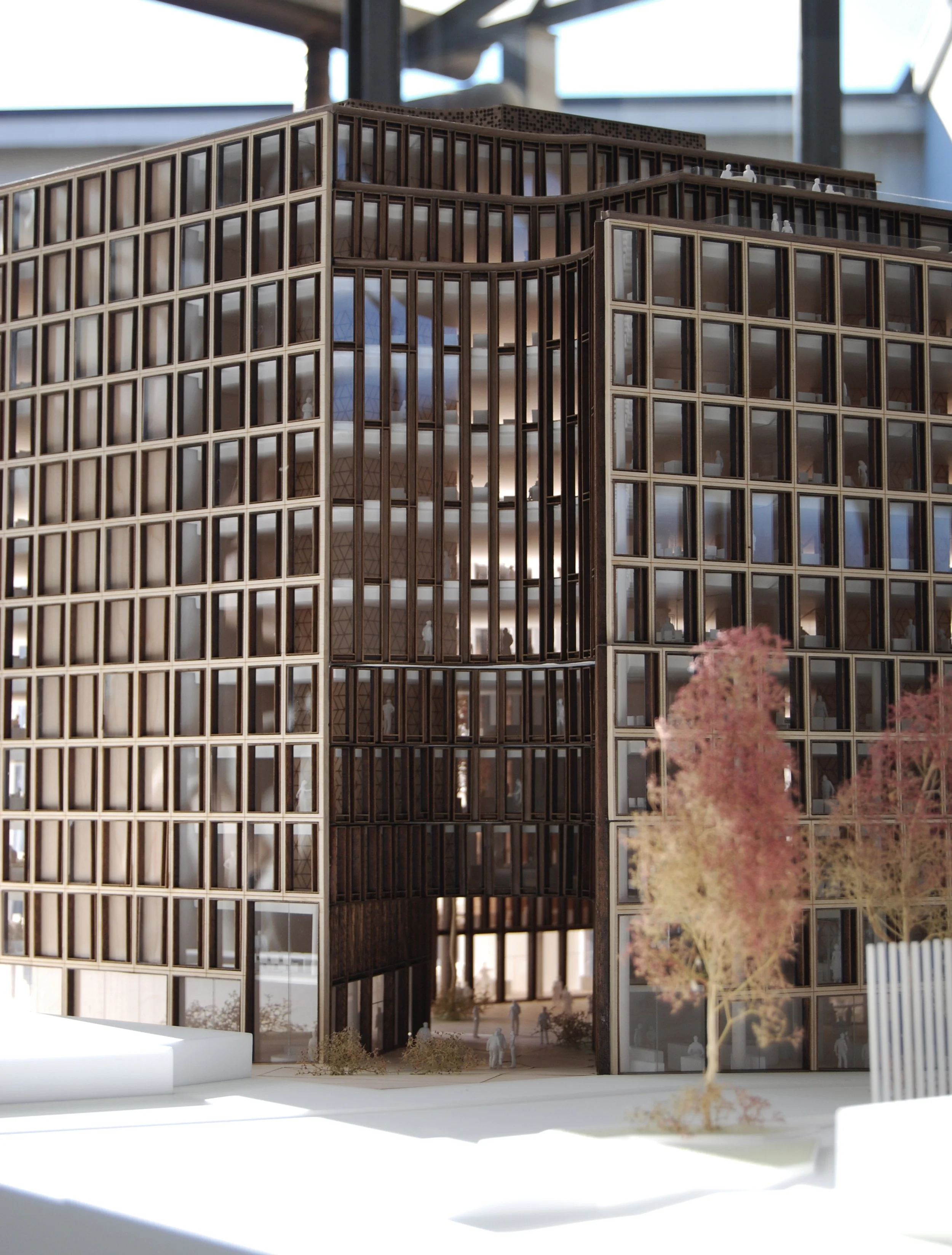 Modello in miniatura di un edificio moderno con facciate di vetro e strutture di legno, accompagnato da alberi finti o reali, su una base bianca