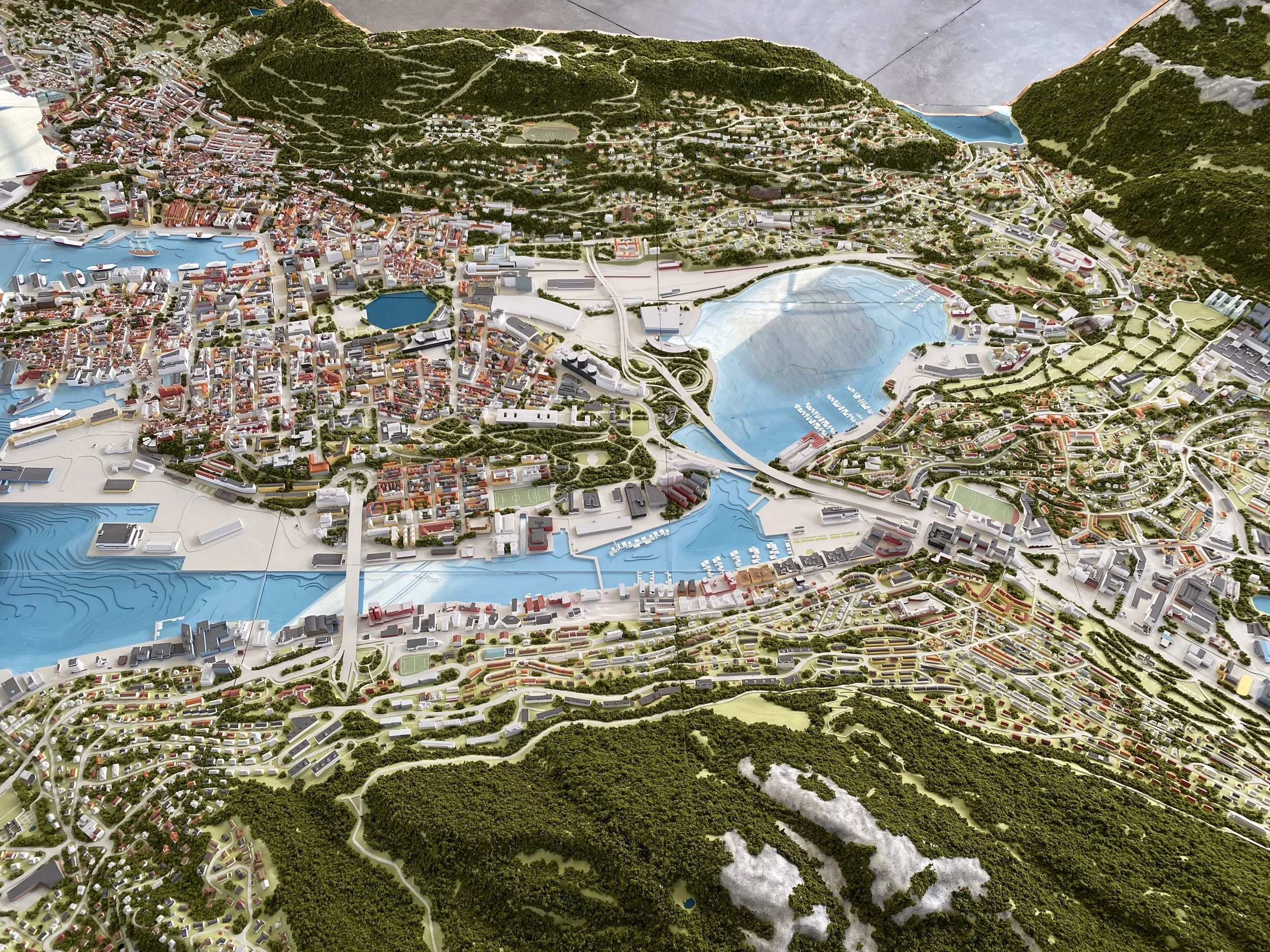 Modello di una città con edifici, strade, laghi e foreste.