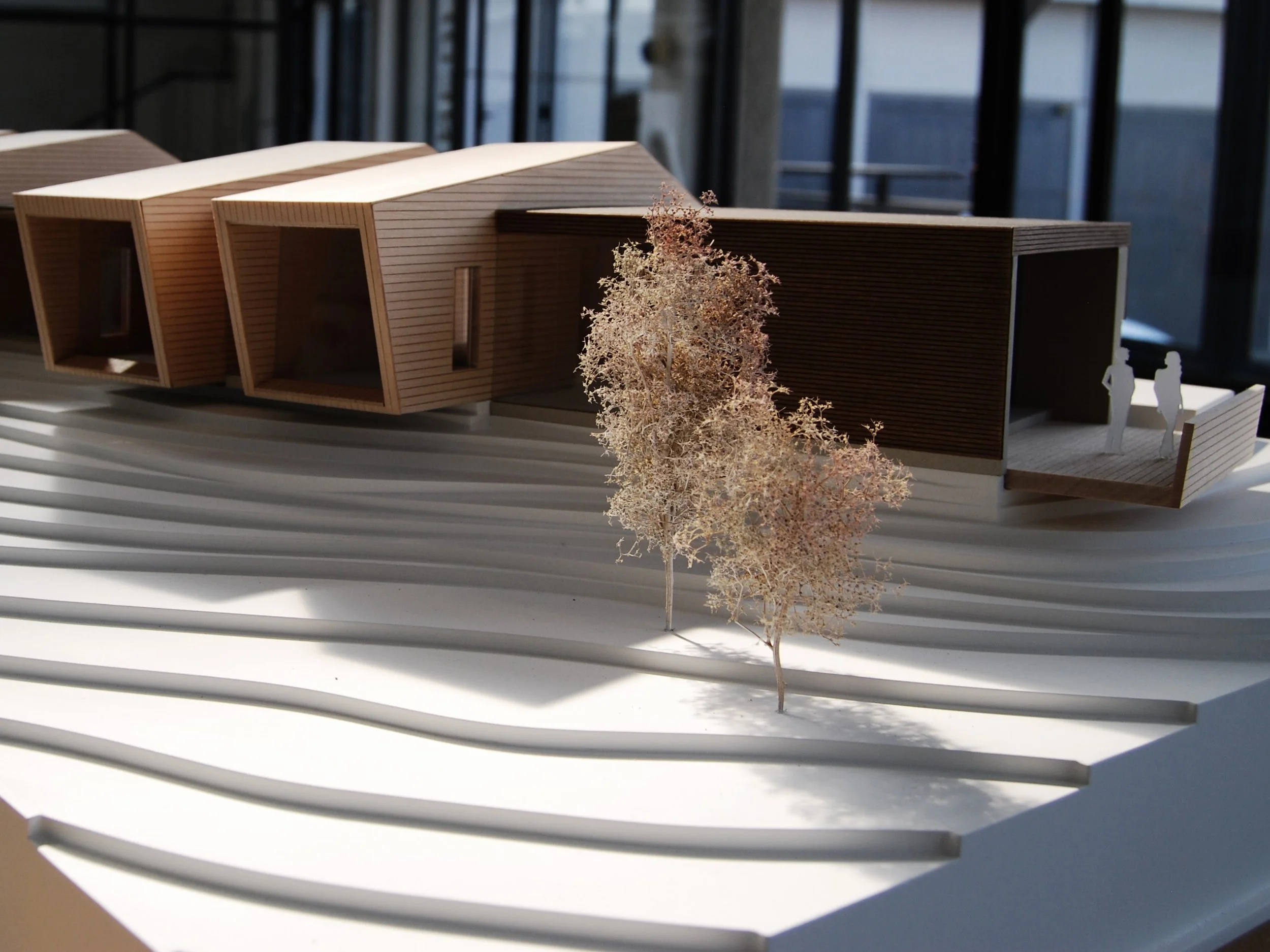 Modello architettonico di un edificio moderno in legno con strutture geometriche e una pianta di albero in primo piano.