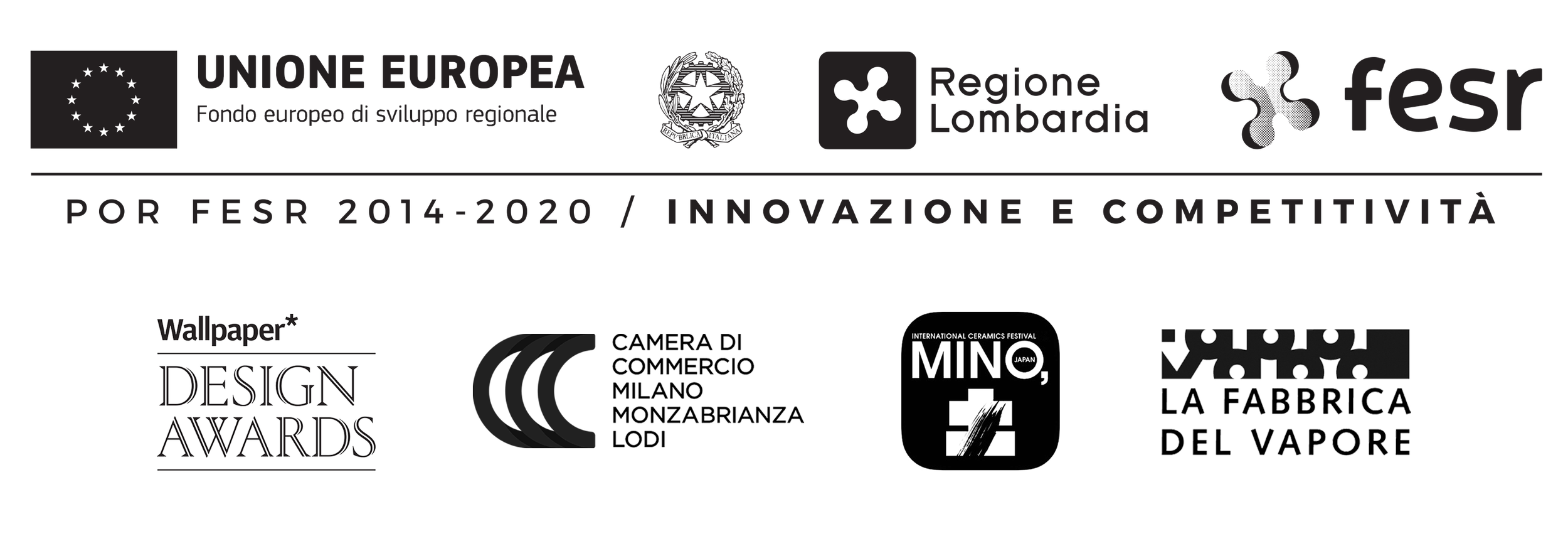 Loghi di Europa Uniti, Regione Lombardia, FESR e Design Awards, con testo che indica l'ente che finanzia, il periodo 2014-2020, e il progetto La Fabbrica del Vapore, con immagini di un wallaper, una sala di commercio e un puzzle.