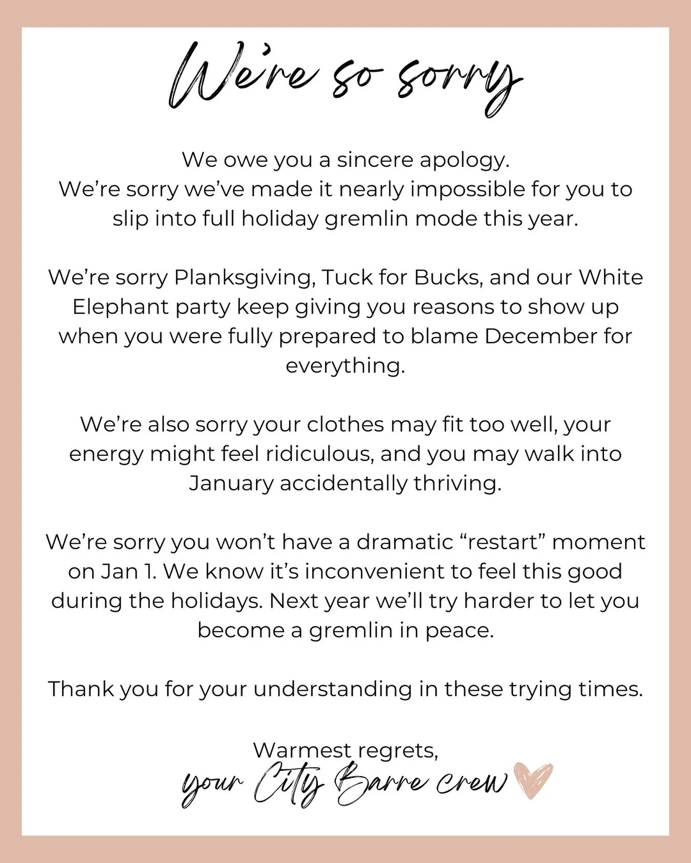 To our City Barre community. . .we&rsquo;ve gone too far 😔

#rvafitness #rvawellness #barrestudio #holidayfitness