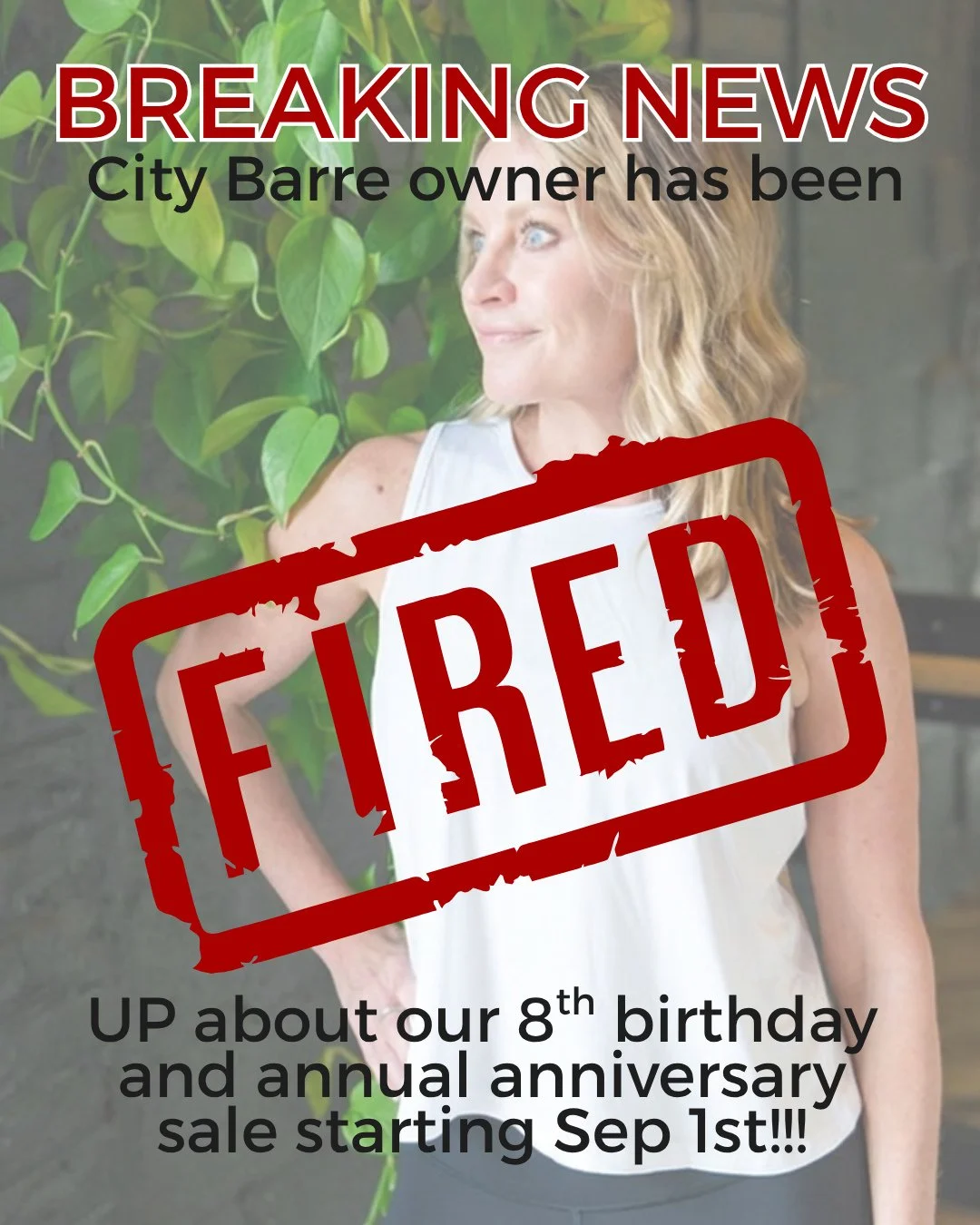 Sorry for the alarm. I&rsquo;m fine. Still employed. 😏⁠
⁠
Just VERY fired up because City Barre turns 8 next week and you know I can&rsquo;t let a birthday go by without a really good sale.⁠
⁠
Drops September 1. 👀⁠
⁠
⁠
#rvabarre #rvafitness #rvafit