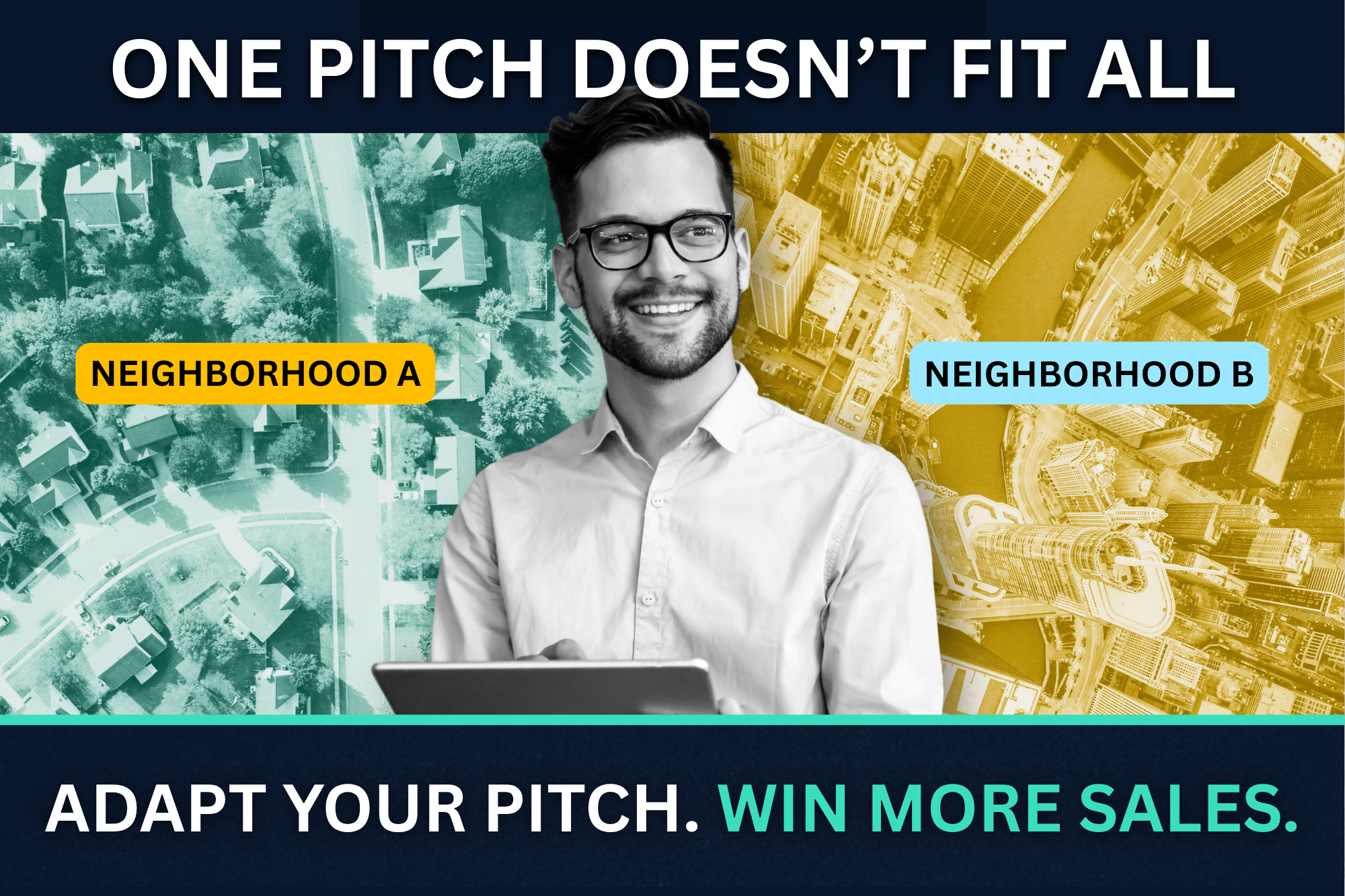 A sales rep holding a tablet standing between aerial views of two neighborhoods with text reading "One Pitch Doesn't Fit All. Adapt Your Pitch. Win More Sales." — Community Outreach Partners