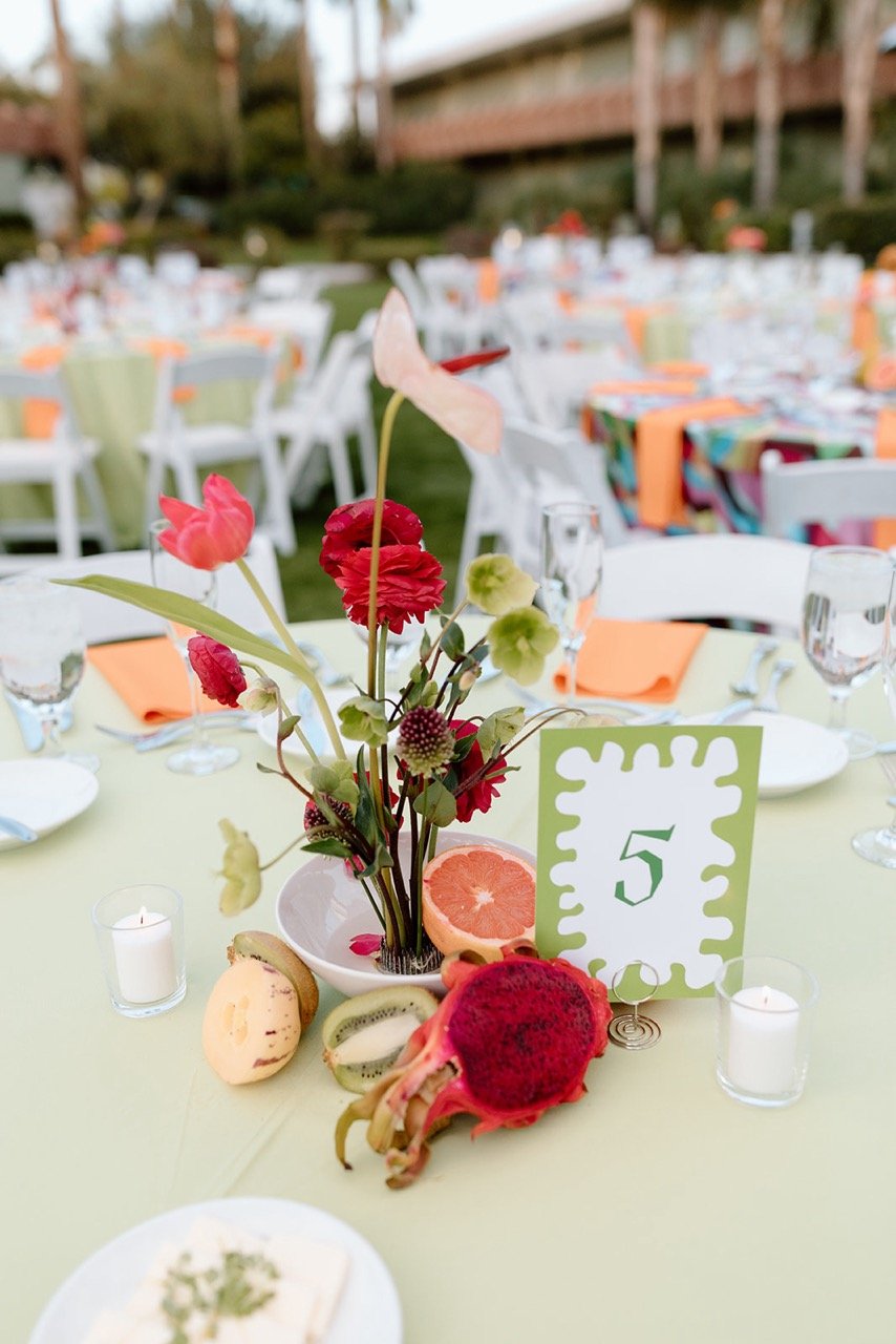 60's retro-chic wedding table setting and flowers. Wedding at Hotel Valley Ho in Scottsdale Arizona