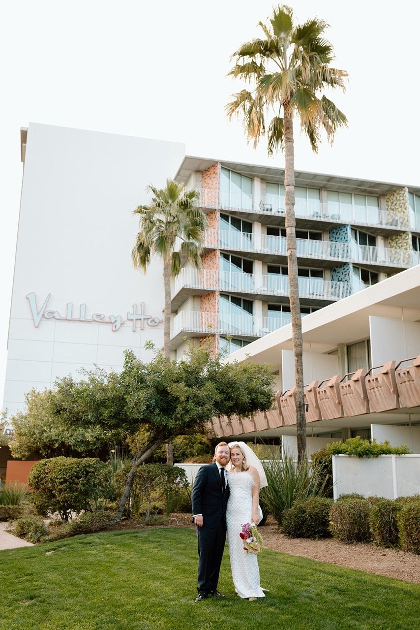 Bride and groom portraits at hotel valley ho in Scottsdale Arizona