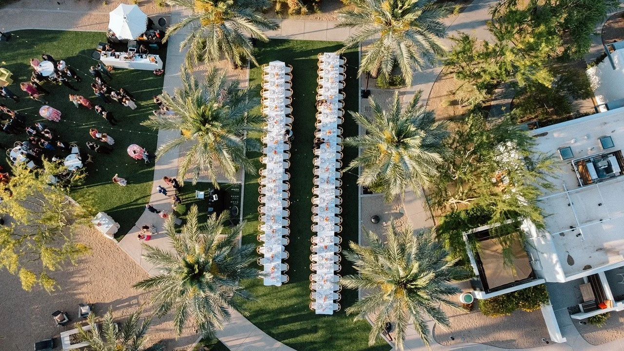 Bird's-eye view of an outdoor event with long tables set for dining, surrounded by palm trees, with attendees mingling on a grassy area.