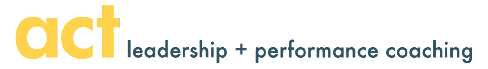 Act leadership and performance coaching logo with bold yellow 'act' and blue tagline.
