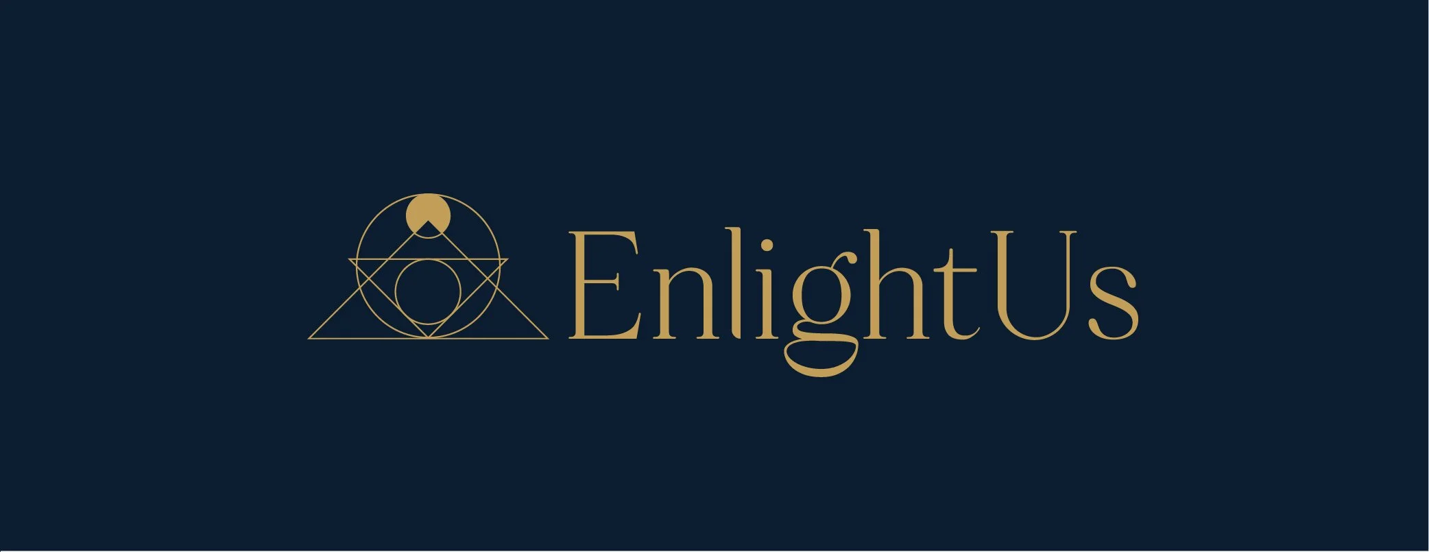 Dark blue background with gold geometric logo and the text "EnlightUs" in gold.
