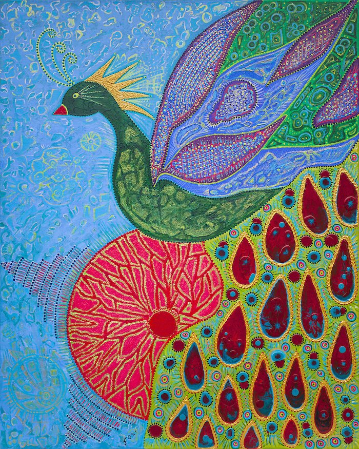 Fantasy blue and green peacock with golden crown and open red tail tale, sitting on a red circle,, hand embellished art print for sale by artist Uslada