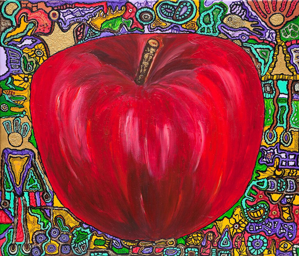 Bright red fantasy apple with golden crown on it, surrounded by the background of intricate colorful shapes, limited edition art print for sale by artist Uslada