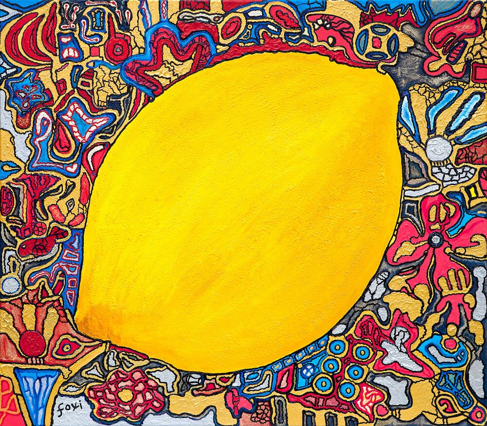 Bright yellow large lemon, surrounded by the background of intricate red, blue and golden shapes, limited edition art print for sale by artist Uslada