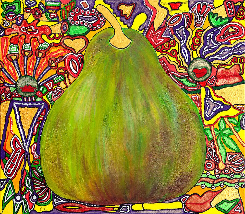 Green yellow fantasy pear, surrounded by the background of intricate red, blue and golden shapes, limited edition art print for sale by artist Uslada, entitled Forbidden Pear