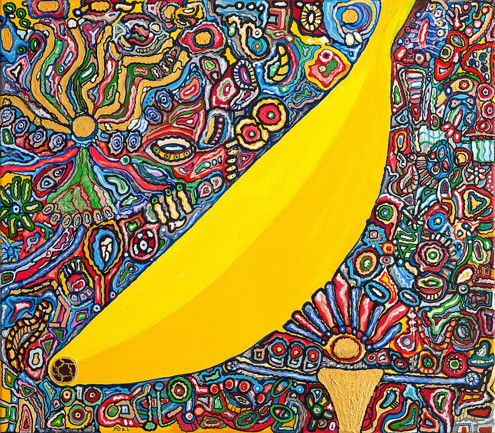 Large yellow banana stretching across the canvas, surrounded by the background of intricate red, blue and golden shapes, limited edition art print for sale by artist Uslada, entitled Forbidden Banana