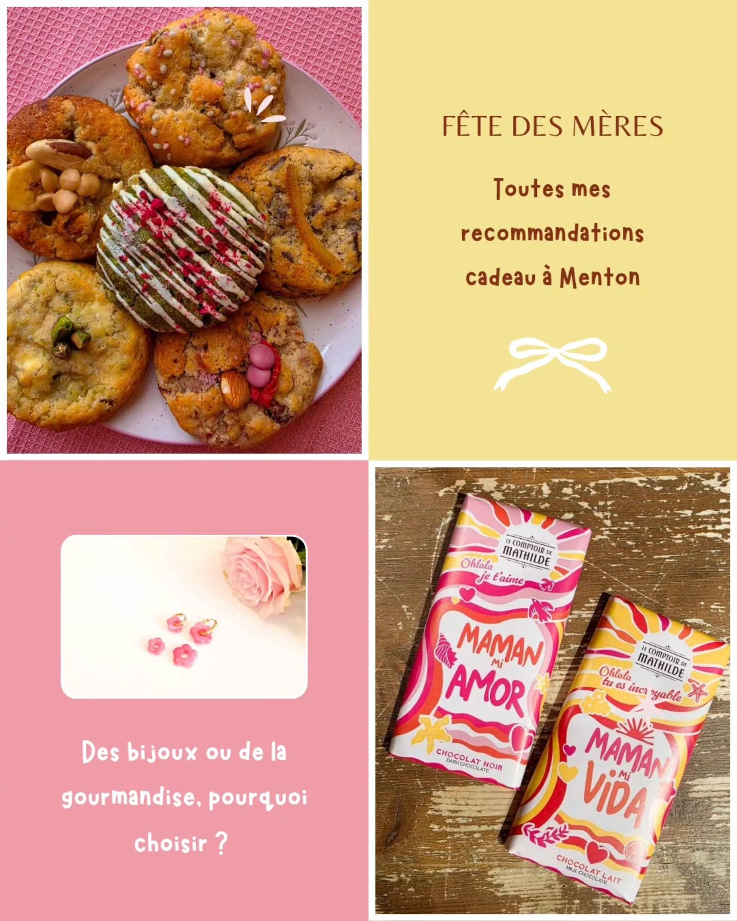 Quelques id&eacute;es pour la f&ecirc;te des m&egrave;res 🩷

Maman gourmande : 
- des chocolats @le_comptoir_de_mathilde.menton
- la box de cookies de mai @amouree_cookies

Maman fleur bleue : un joli bouquet de bougies @amelia.wellness

Maman selfc