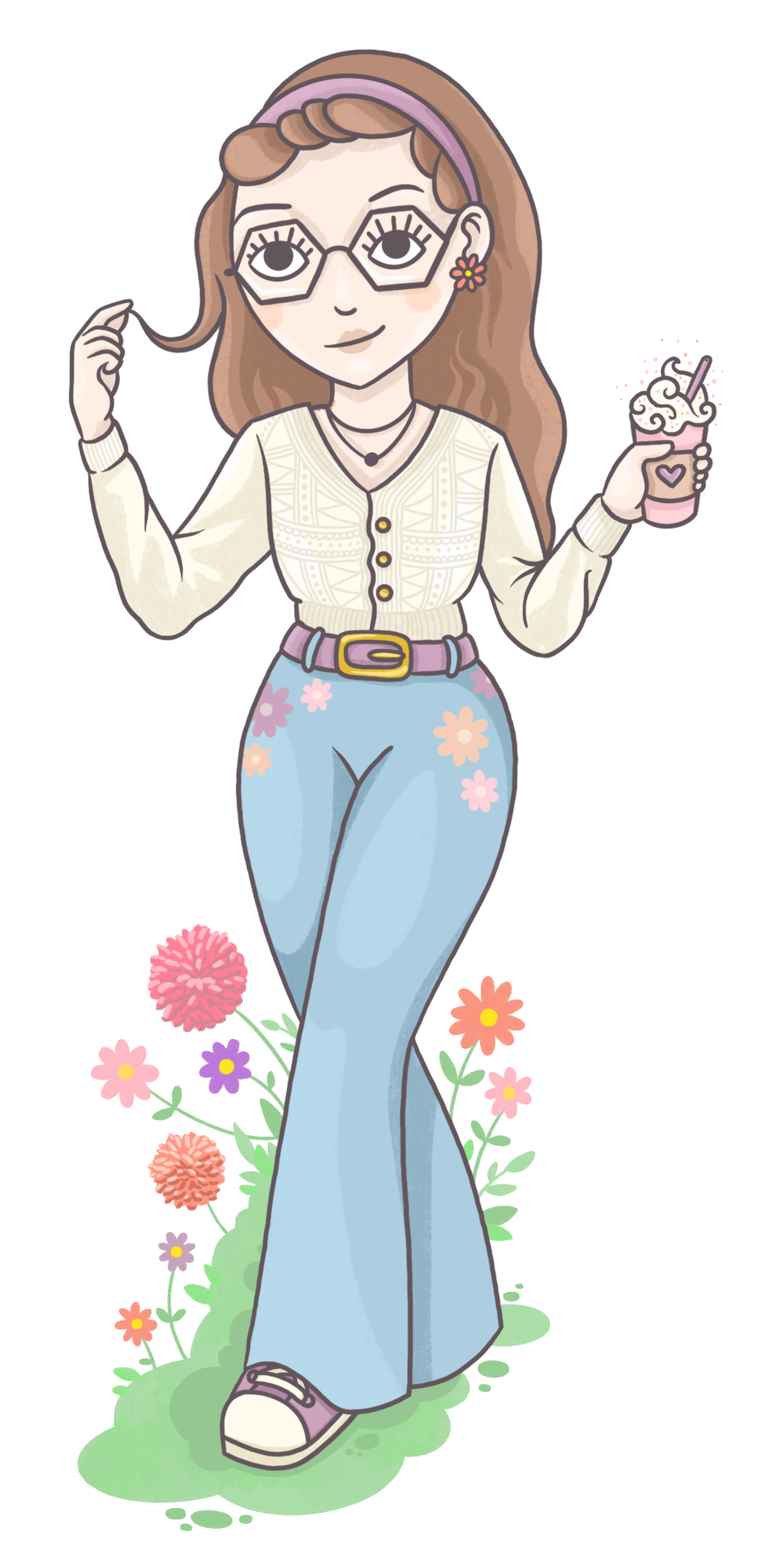 Une illustration d'une femme aux cheveux longs et bruns, portant des lunettes, un bandeau rose, une chemise beige, un collier, un pantalon à fleurs, des chaussures roses, tenant une boisson glacée à la crème, debout près de fleurs multicolores.