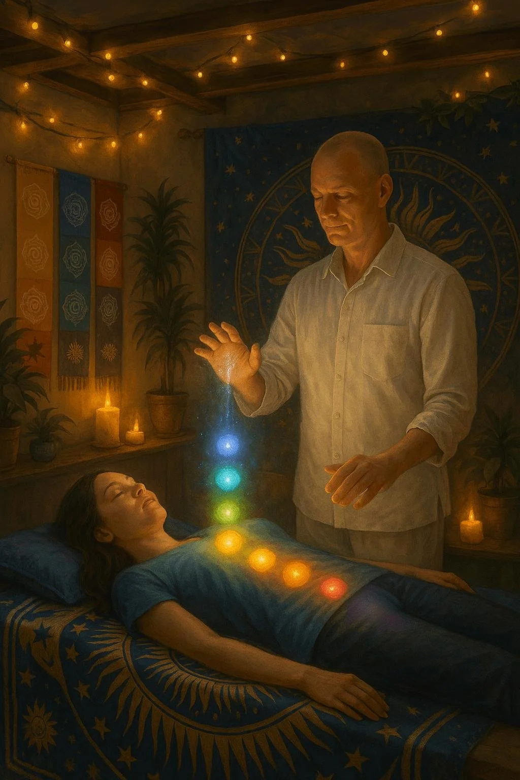 A woman lying on a bed with a tapestry of the sun and moon behind her, surrounded by candles and plants. A man standing next to her appears to be levitating colorful orbs above her body, creating a mystical or spiritual scene in a dimly lit room.