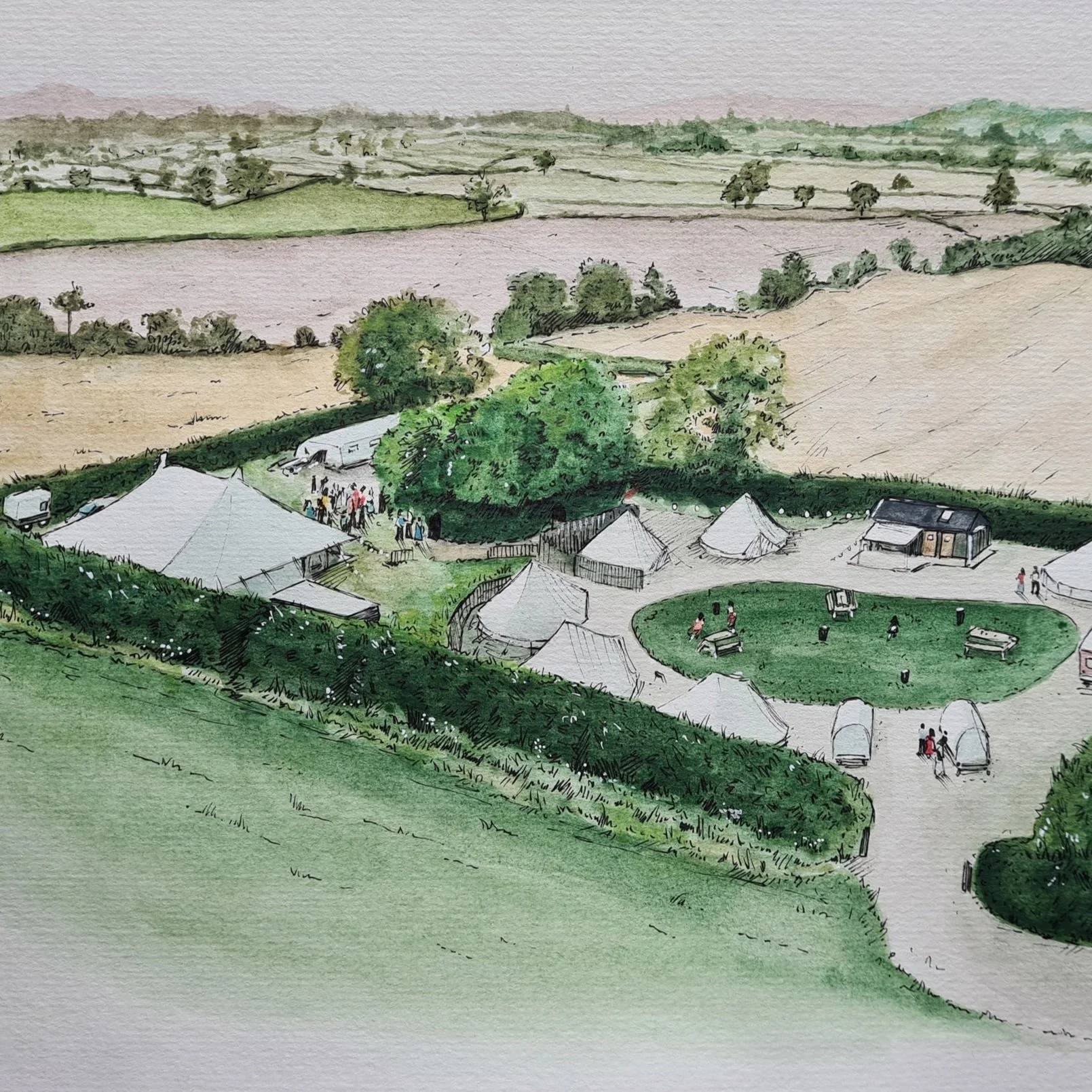 Watercolour painting of a wedding taking place in a field
