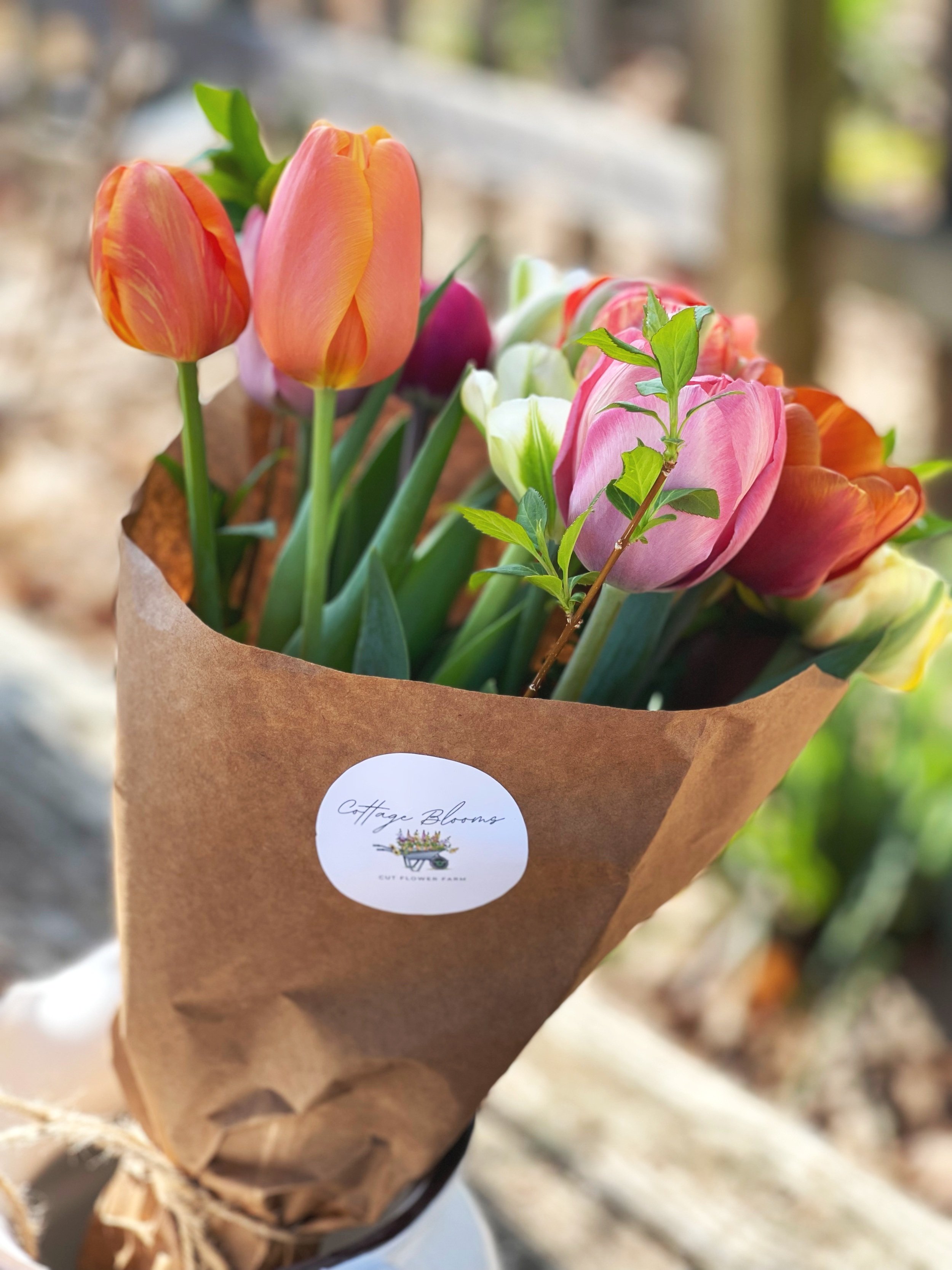 Bouquet of colorful tulips wrapped in brown paper with a label reading 'Cottage Blooms' from Cut Flower Farm.
