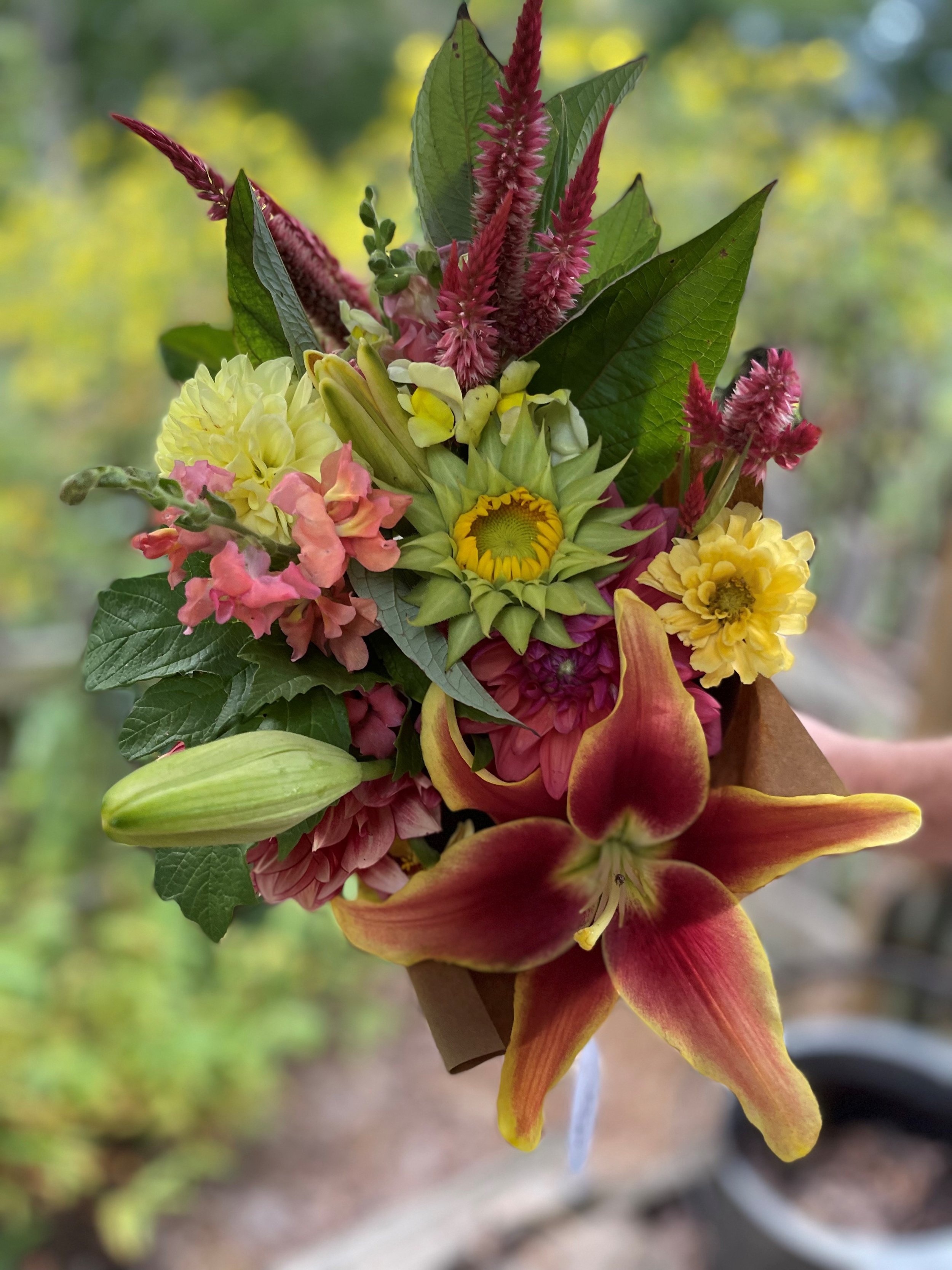 A colorful bouquet of various flowers including a large pink and yellow lily, a yellow marigold, pink snapdragons, and other smaller flowers with green leaves, held against a blurred outdoor background.