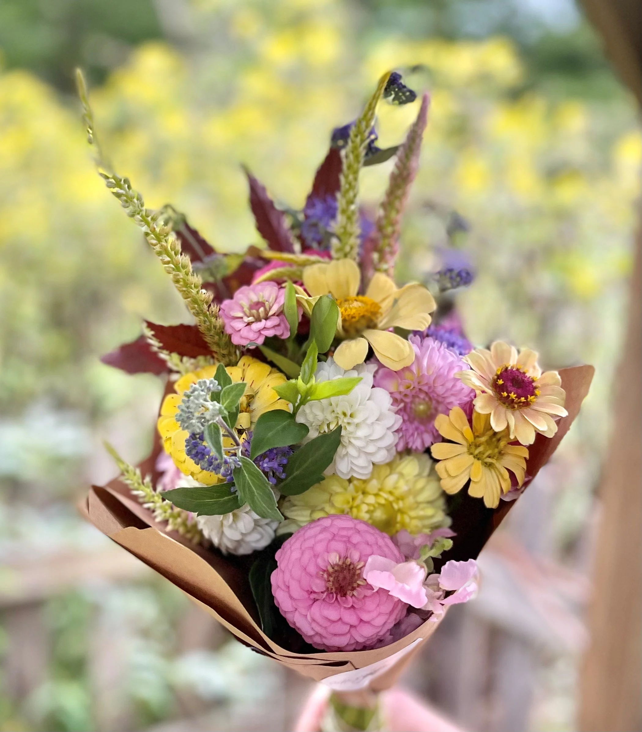 Colorful bouquet of various flowers wrapped in brown paper, held up against a blurred outdoor background.