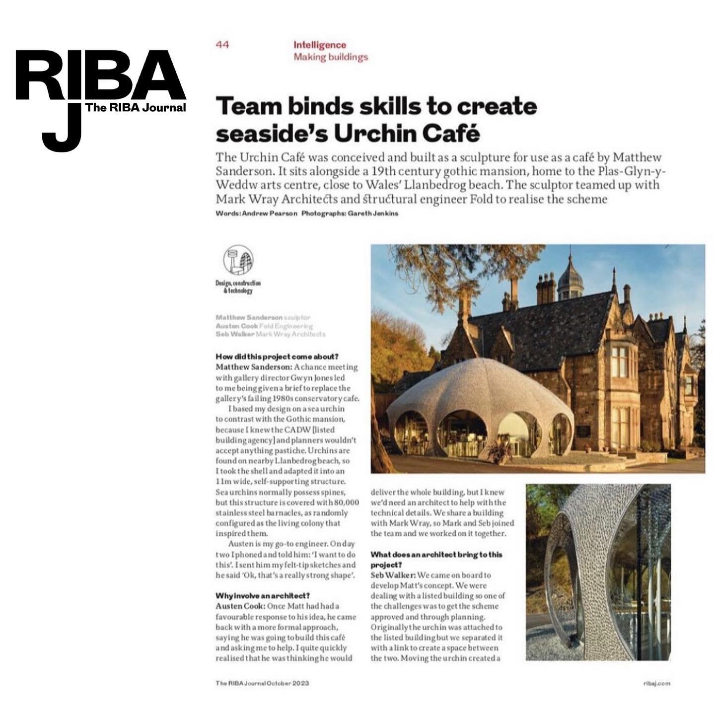 The cafe at Plas Glyn y Weddw is featured in the current RIBA Journal, with an interview with @sandersonsculpture , @markwrayarch and ourselves explaining how we got there.

https://www.ribaj.com/intelligence/urchin-cafe-llanbedrog-beach-wales-arts-c