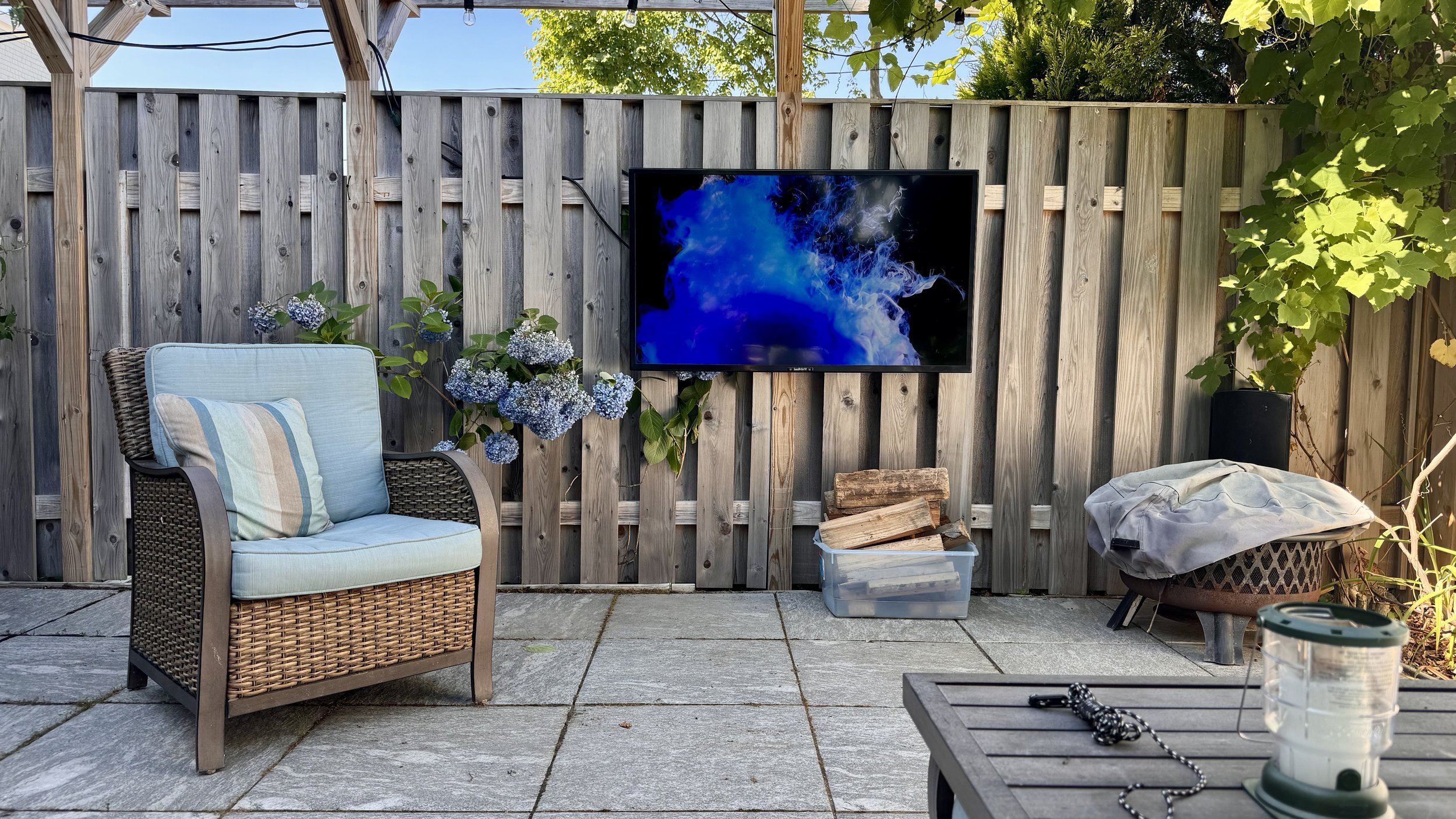 Exterior living, Whole house audio, Yamaha Surround, Sunbrite exterior tv, Lutron lighting control. Marshfield, MA